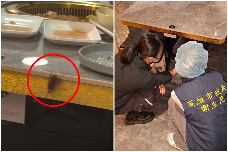 高雄三民區一家連鎖燒肉店餐桌上出現超大蟑螂，噁心畫面遭客人PO網爆料。（翻攝自Threads@chenkaiyi0613）