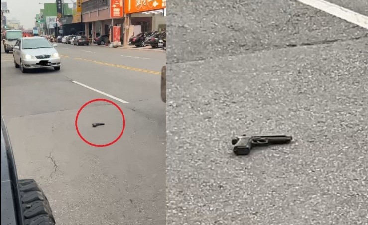 一名網友昨晚在台中北屯區路上驚見遺落槍枝，PO上網後引起熱議。警方循監視器追查，終於今日揭開真相。（翻攝自threads @minirubi_63）