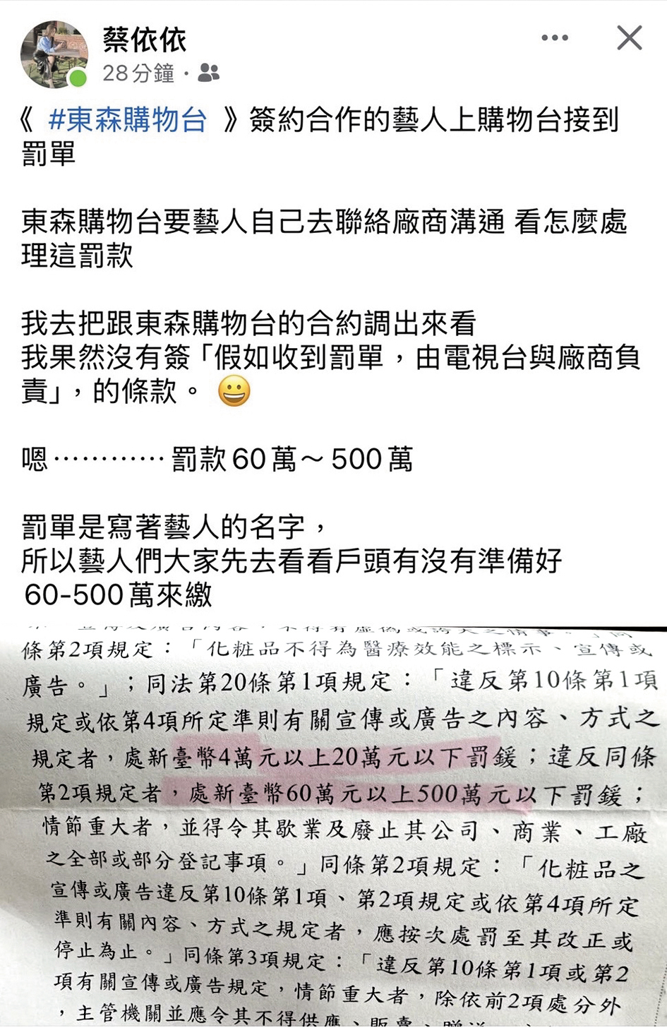 依依在臉書分享,上購物台介紹產品,竟收到罰單,且電視台還要她自行解決。(翻攝自蔡依依臉書)