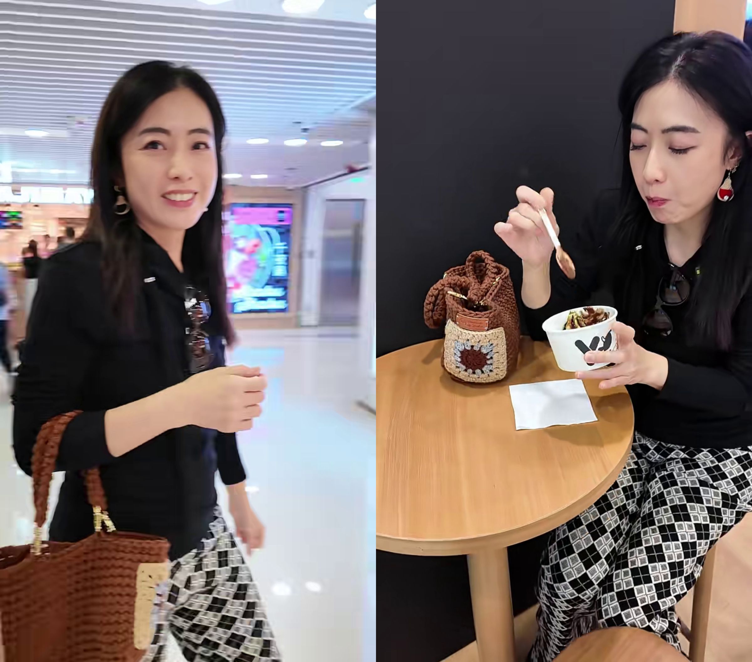 甘比工作之餘到銅鑼灣偷閒吃優格冰淇淋,拎著親手鉤織的咖啡色毛線包,相當搶眼。(翻攝甘比小紅書)