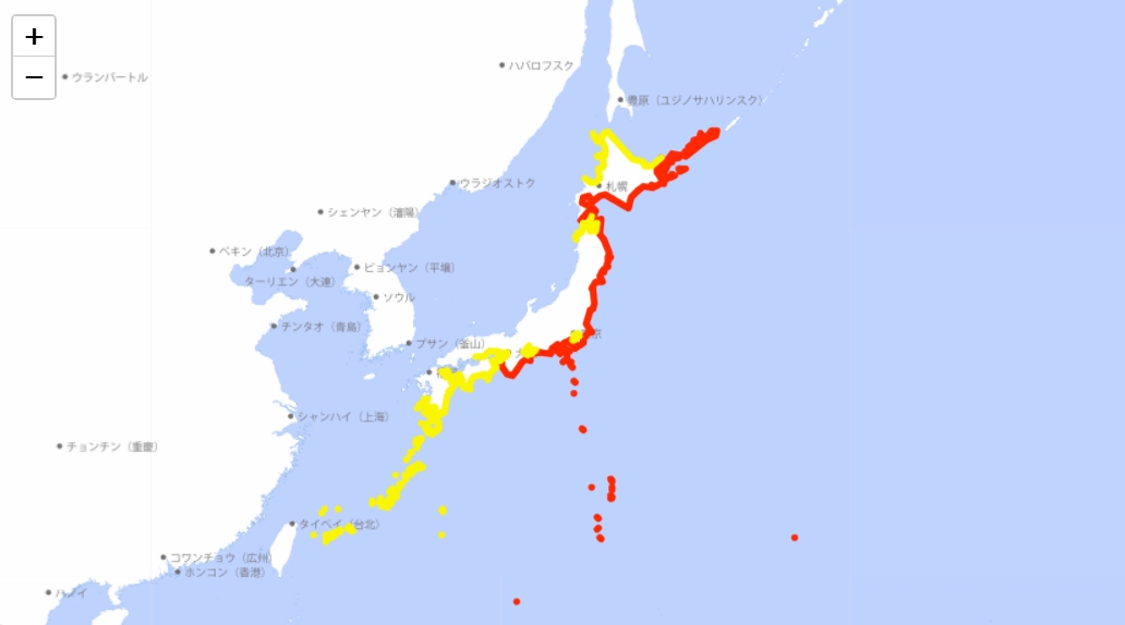 日本氣象廳緊急發布海嘯警報，整個東部都亮起警示。（翻攝自日本氣象廳）