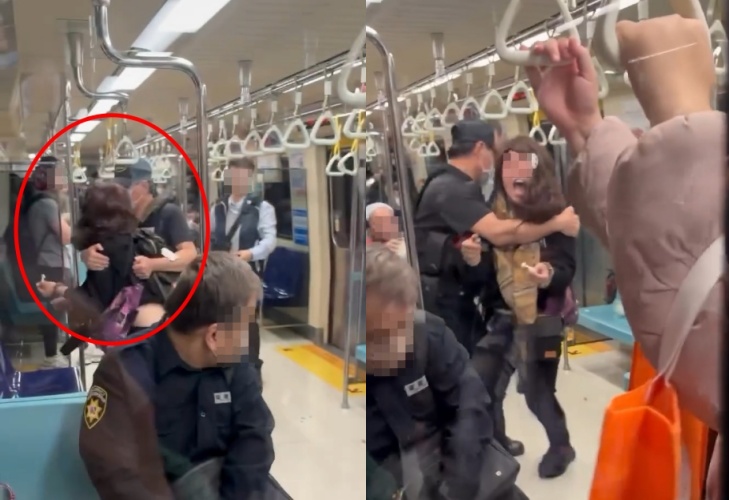 北捷目擊乘客錄下車廂內警察與站務人員壓制安撫失控女子的畫面。（Threads網友abyhinata授權提供）