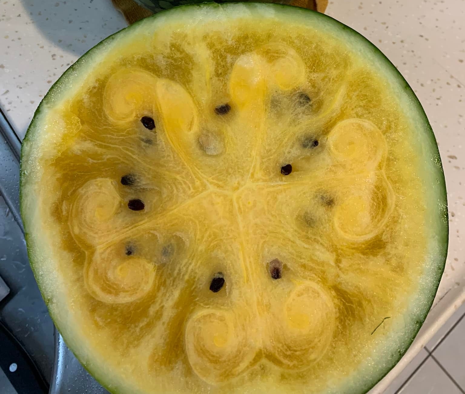 西瓜剖開後出現「螺旋狀對稱紋路」，不少網友直指是「水傷」。（翻攝自臉書@COSTCO 好市多 消費經驗分享區）