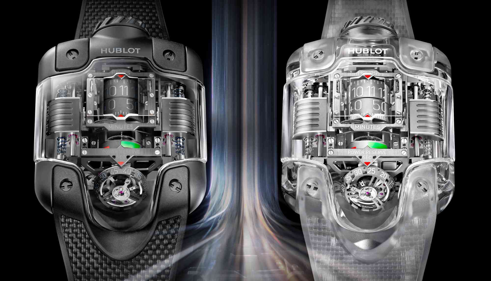 HUBLOT MP-10  搭載品牌獨家研發的「陀飛輪重力動能系統」（Tourbillon Weight Energy System），透過兩側對稱配置的 22K 白金線性動能驅動器，以高壓活塞形式進行垂直衝擊，並實現上鍊動能回收。機芯由多達 592 枚零件與 66 顆寶石軸承所組成，展現極高的零件密度與結構整合技術，不僅需極低公差的零件加工，更需兼顧功能穩定與機構美感。錶殼尺寸厚實，上手輕盈，有如一具未來世界的科幻儀器。定價：約NT$13,580,000（藍寶石款，限量30只）；約NT$10,185,000（黑陶瓷款，限量50只）。