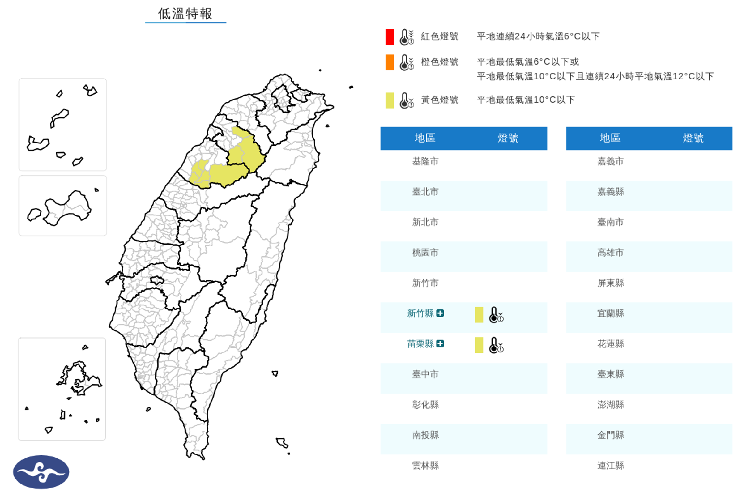 氣象署今晨對新竹縣、苗栗縣發出低溫特報,兩地局部地區有10度以下氣溫發生機率。(氣象署提供)