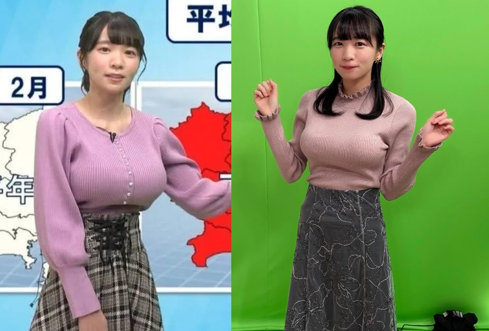 日本氣象主播椿野優子播報時因巨胸擋住地圖爆紅。（翻攝IG@tsubakinoyuko）