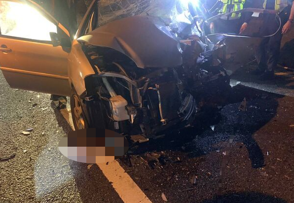 詹姓男子駕駛自小客行經國三中和段,疑似錯過匝道口竟在路肩迴轉,遭BMW轎車猛撞,造成詹男不治,自小客車頭毀爛。(翻攝畫面)