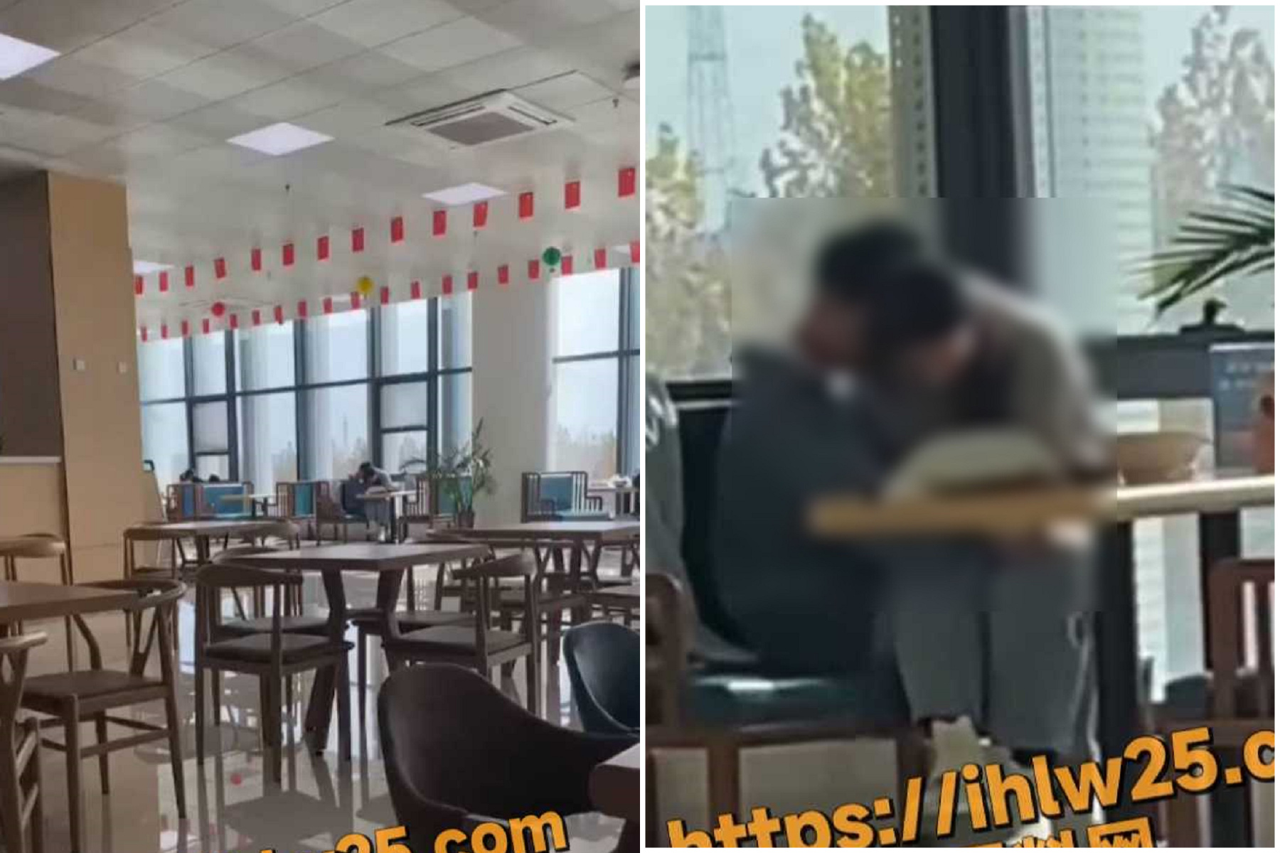 學校餐廳好好吃，小情侶用餐途中「超自然震動」嚇壞同學。（翻自《黑料網》）