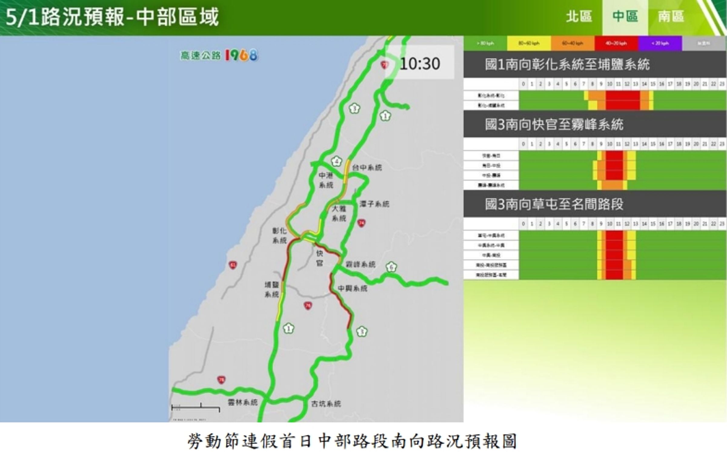 高公局說明勞動節連假首日預報。(高公局提供)