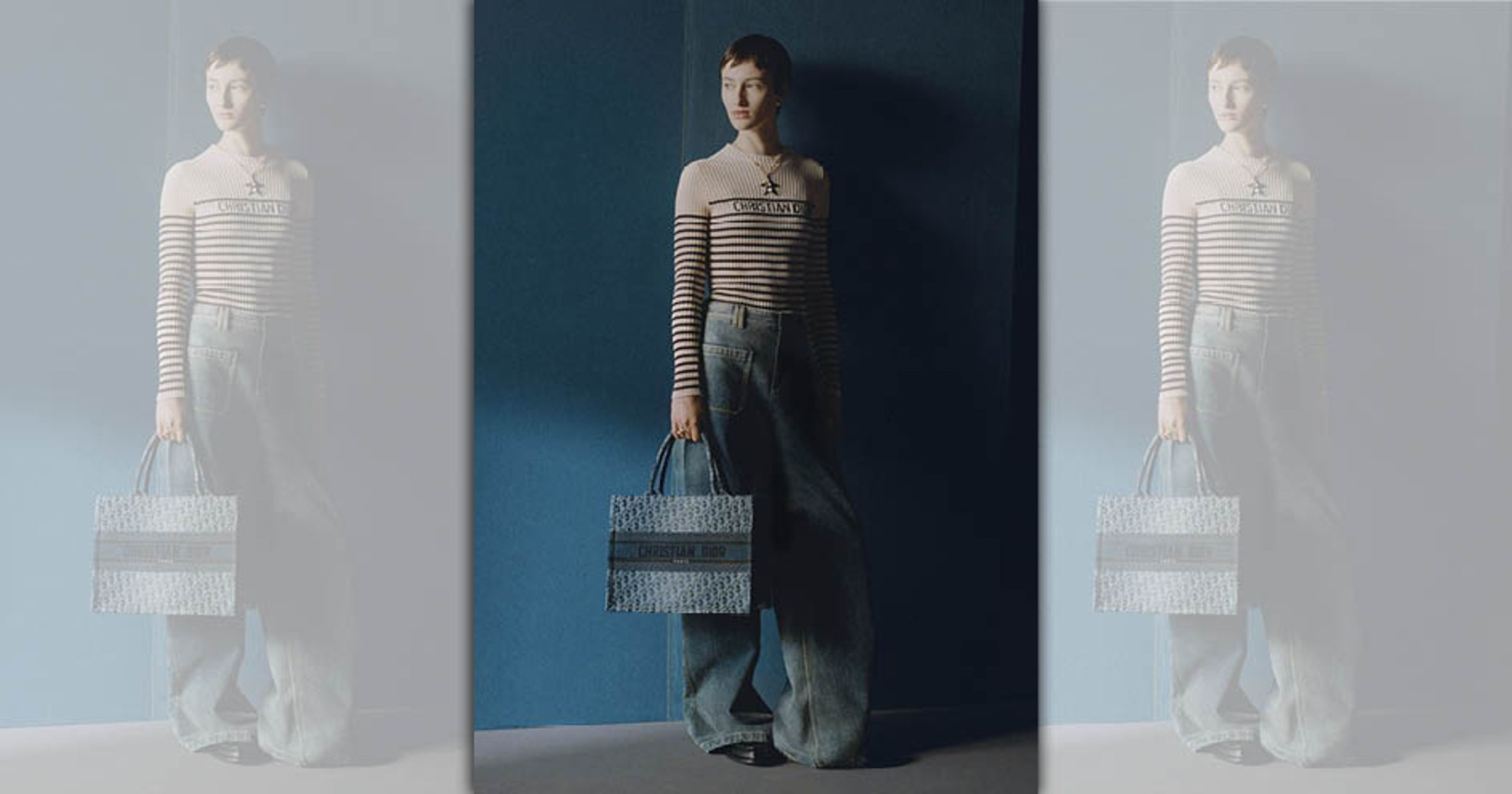 DIOR推出Denim Oblique系列包款，將獨特的緹花面料運用在經典包款上。（DIOR提供）