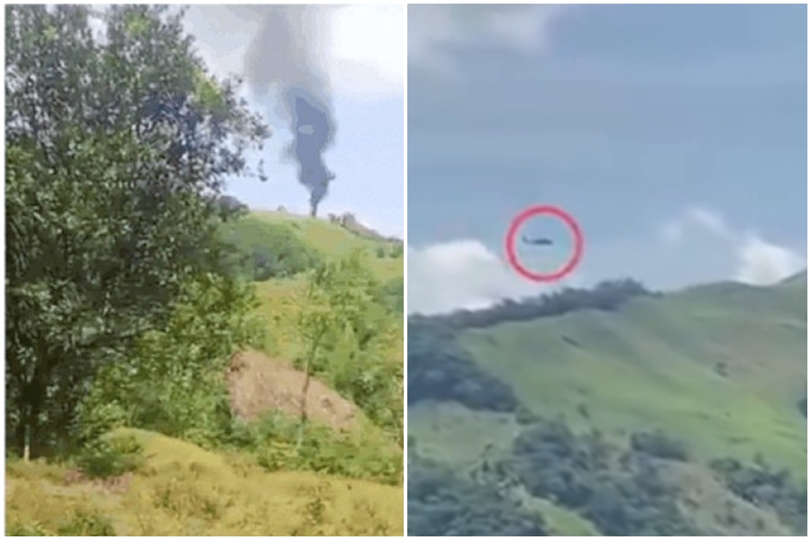 哥倫比亞國家警察UH-60「黑鷹」直升機遭無人機擊落，導致12人罹難嚴重傷亡。（翻攝自X）