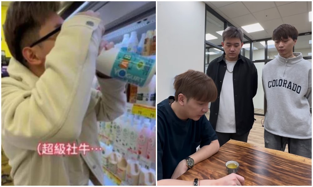 網紅詹姆士（呈）（左圖、右圖中）到賣場惡搞，日前與拍片攝影師（右圖右）、老闆（右圖左）道歉。（翻攝詹姆士（呈）IG）