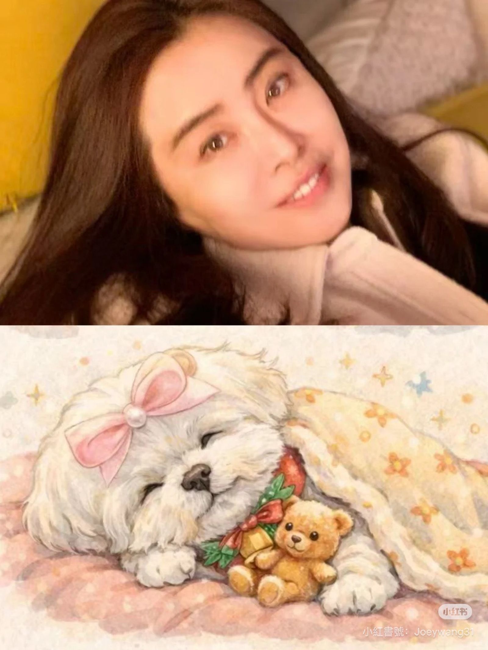 王祖賢分享近照，以及愛犬「智悟」的畫像。（翻攝王祖賢小紅書）