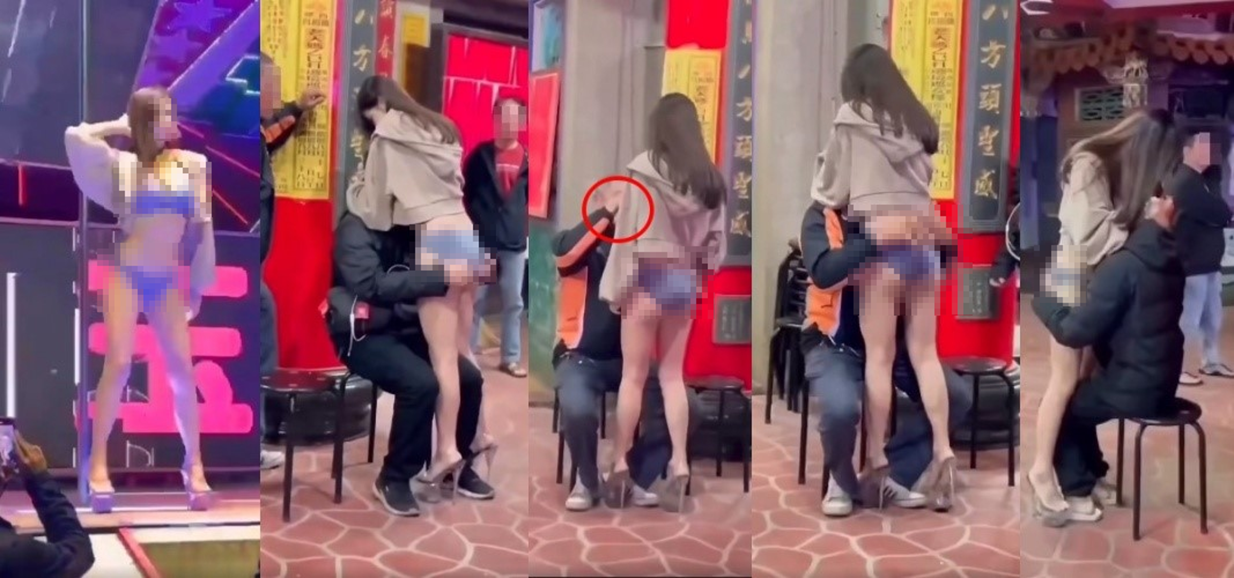 網路流傳一段廟會活動影片，一名穿著清涼的女子與男性進行近距離互動，引發網友對廟會表演尺度的熱烈討論。（翻攝自臉書/爆漿2公社）