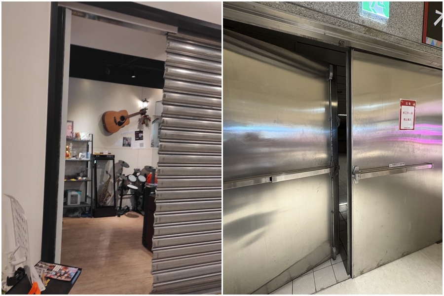 綺麗廣場防火鐵捲門損壞無法正常作動（左圖）；台北車站K區地下街防火門損壞無法正常復歸（右圖）。（北市建管處提供）