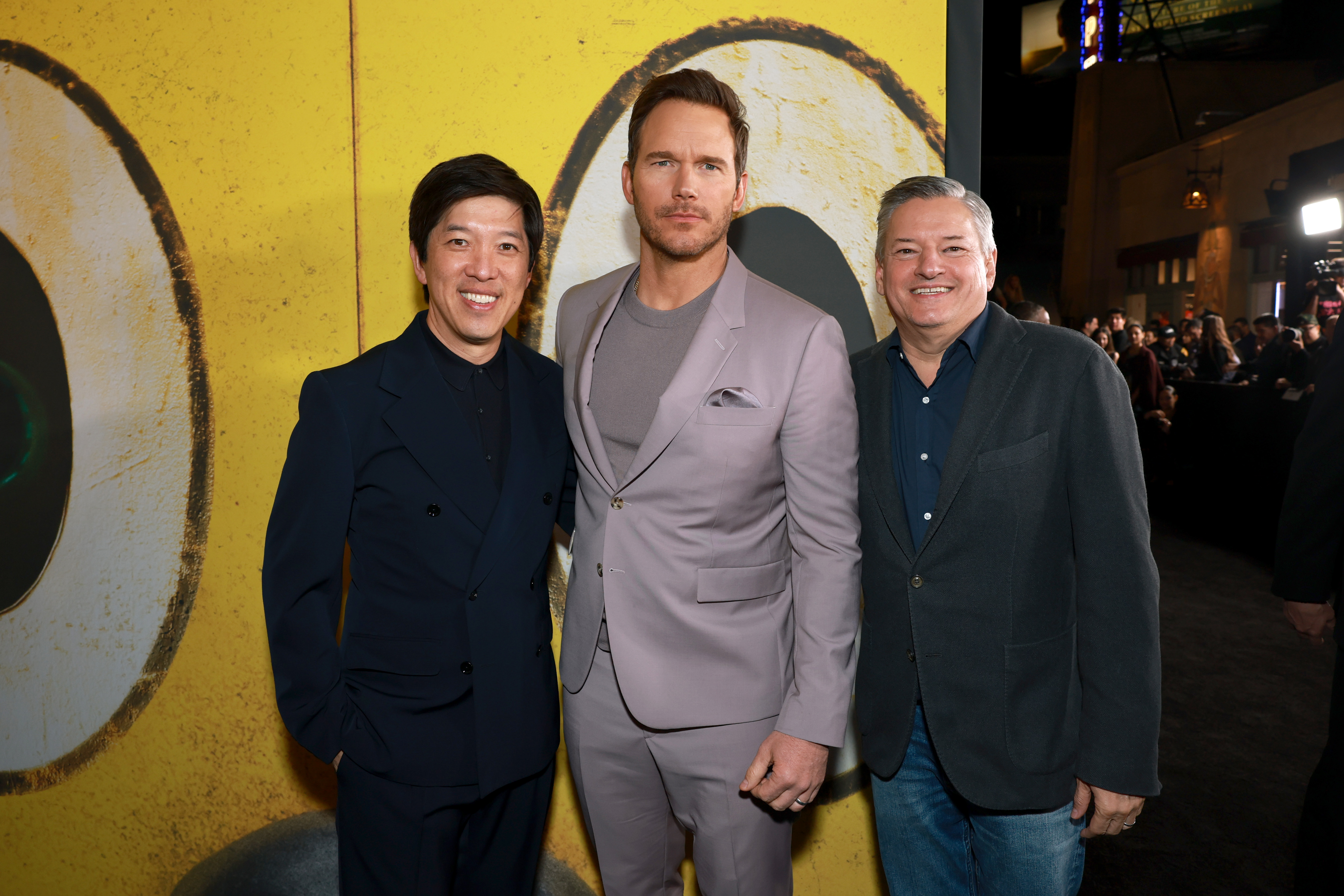 Netflix電影主席林暐（左起）、克里斯普瑞特、Netflix聯合執行長泰德薩蘭多斯。（Netflix提供）