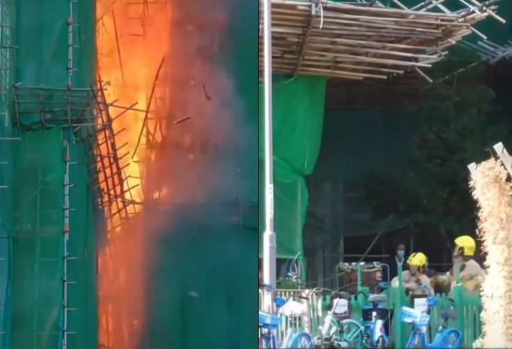 香港宏福苑昨爆發五級大火，火勢一路延燒7棟大樓，現場濃煙竄天。多名住戶控訴火災當時警報器未啟動，只能靠手機通知才急奔逃生。（翻攝自微博）