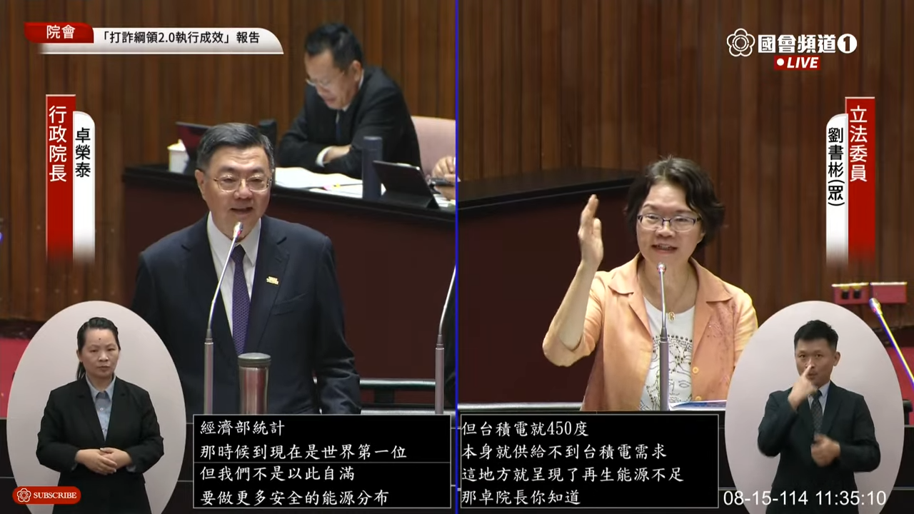 立法院邀卓榮泰說明打詐策略，但劉書彬卻一再「歪樓」質詢能源政策，韓國瑜忍不住出聲制止。（翻攝自國會頻道）