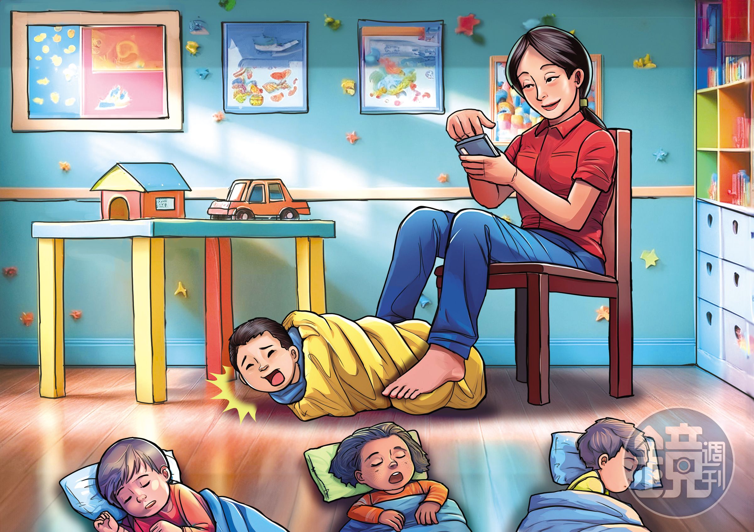 嘉豐幼兒園心心老師竟用棉被裹住幼童,還用雙腳夾著不讓其掙脫,自顧自地玩手機。(AI繪圖Adobe Firefly生成,本刊美術組後製)