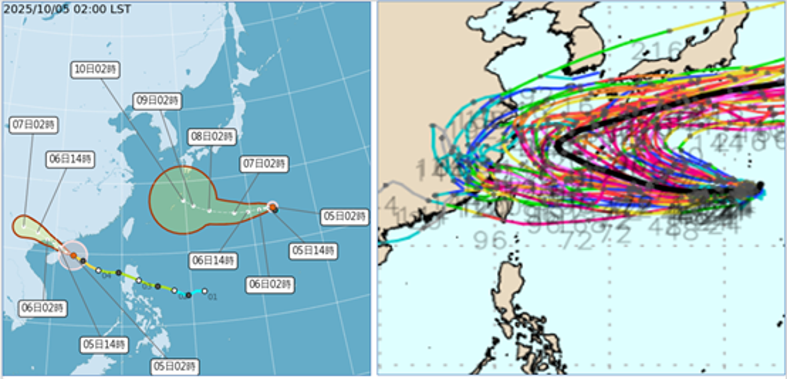 5日2時氣象署「路徑潛勢預測圖」顯示，「中颱麥德姆」，偏西北西、今日颱風中心通過雷州半島附近，暴風圈先後侵襲海南島、兩廣及越南北部（左圖）。4日20時歐洲系集模式模擬圖顯示，「哈隆颱風」系集平均路徑已調整在琉球東側向東北大迴轉；但由於個別模擬路徑很分散，仍有少部分模擬路徑靠得比較近（右圖），正如同左圖「哈隆颱風」的紅圈擴大。（翻攝自氣象應用推廣基金會／右圖擷自weathernerds）