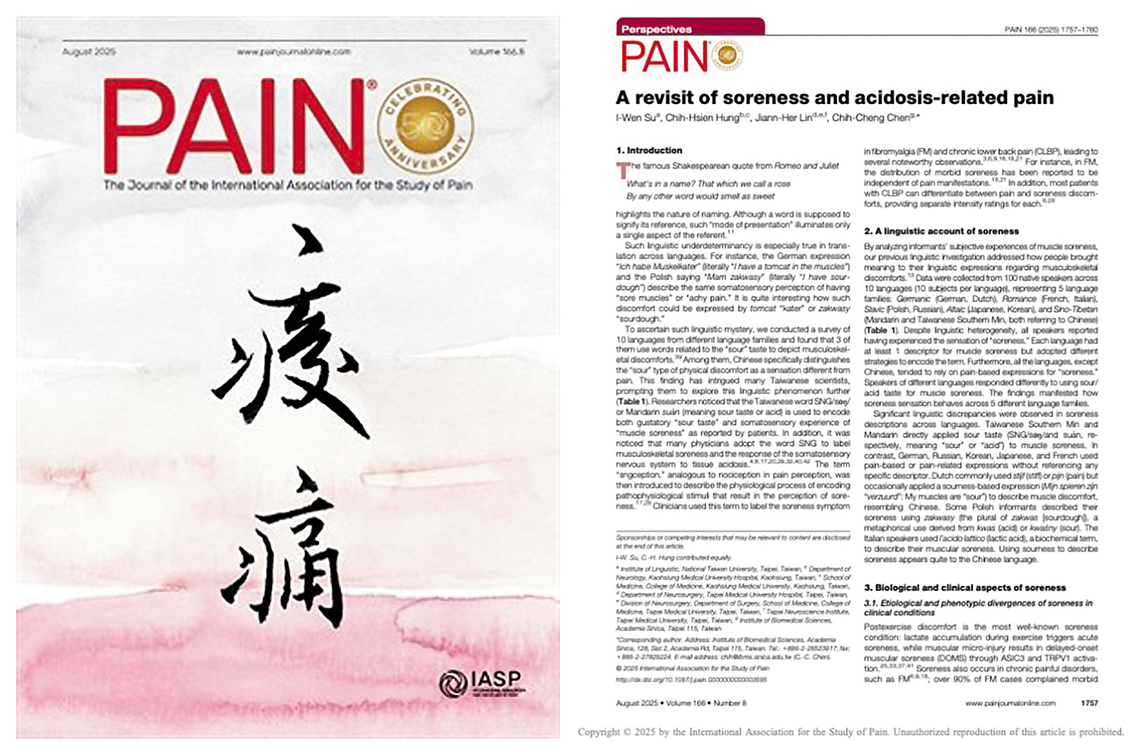 痠覺理論在8月登上疼痛研究權威期刊，封面上的書法字，是台大醫學院麻醉科名譽教授孫維仁的手筆。（陳志成提供）