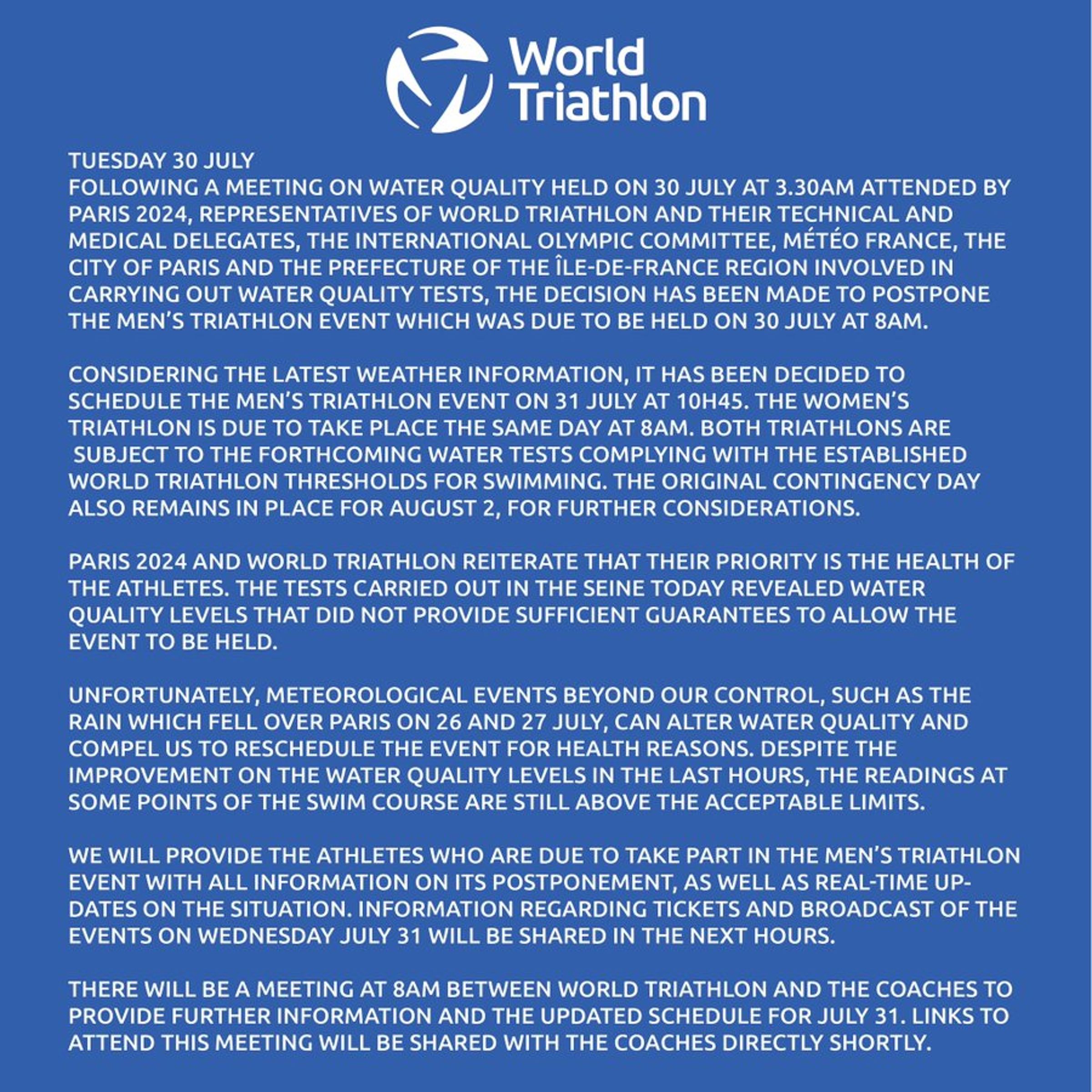 男子鐵人三項競賽延賽。（翻攝自X@World Triathlon）