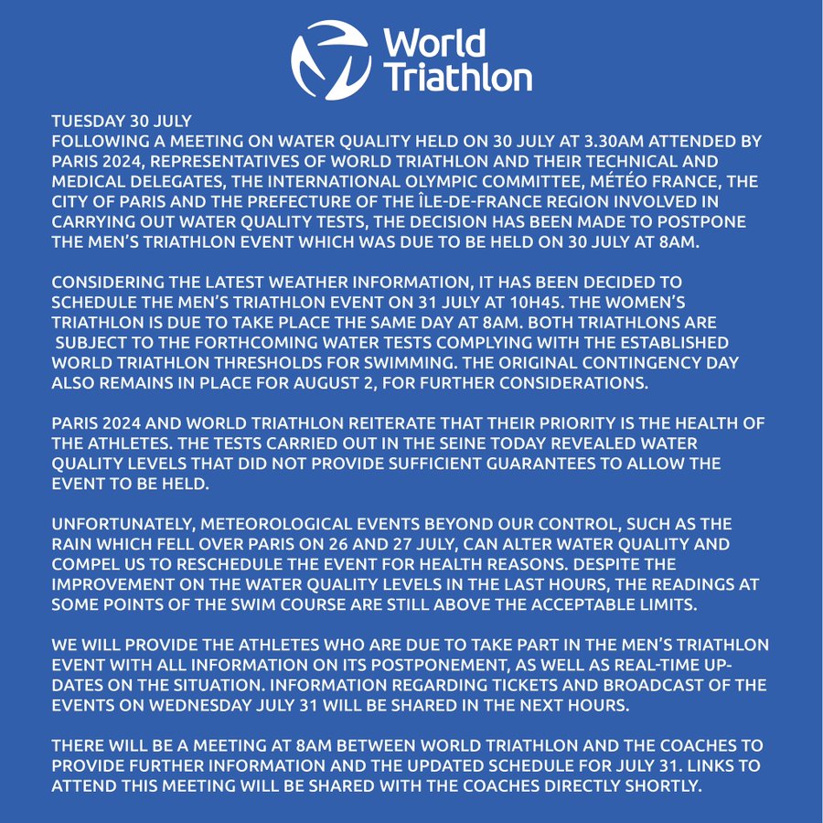 男子鐵人三項競賽延賽。（翻攝自X@World Triathlon）