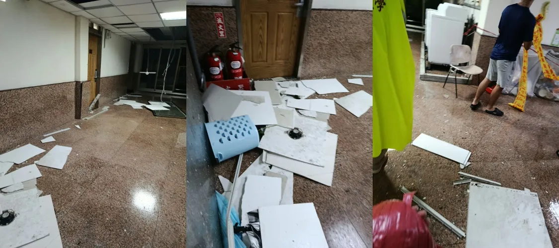 狂風灌入瞬間掀頂！文化大學宿舍天花板碎滿地　樓長處理遭砸中...災情畫面曝光