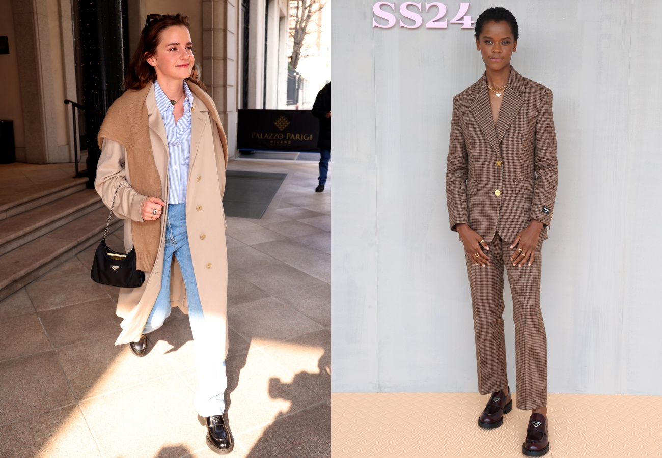 （左）Emma Watson、Letitia Wright都曾穿著PRADA樂福鞋。（PRADA提供）