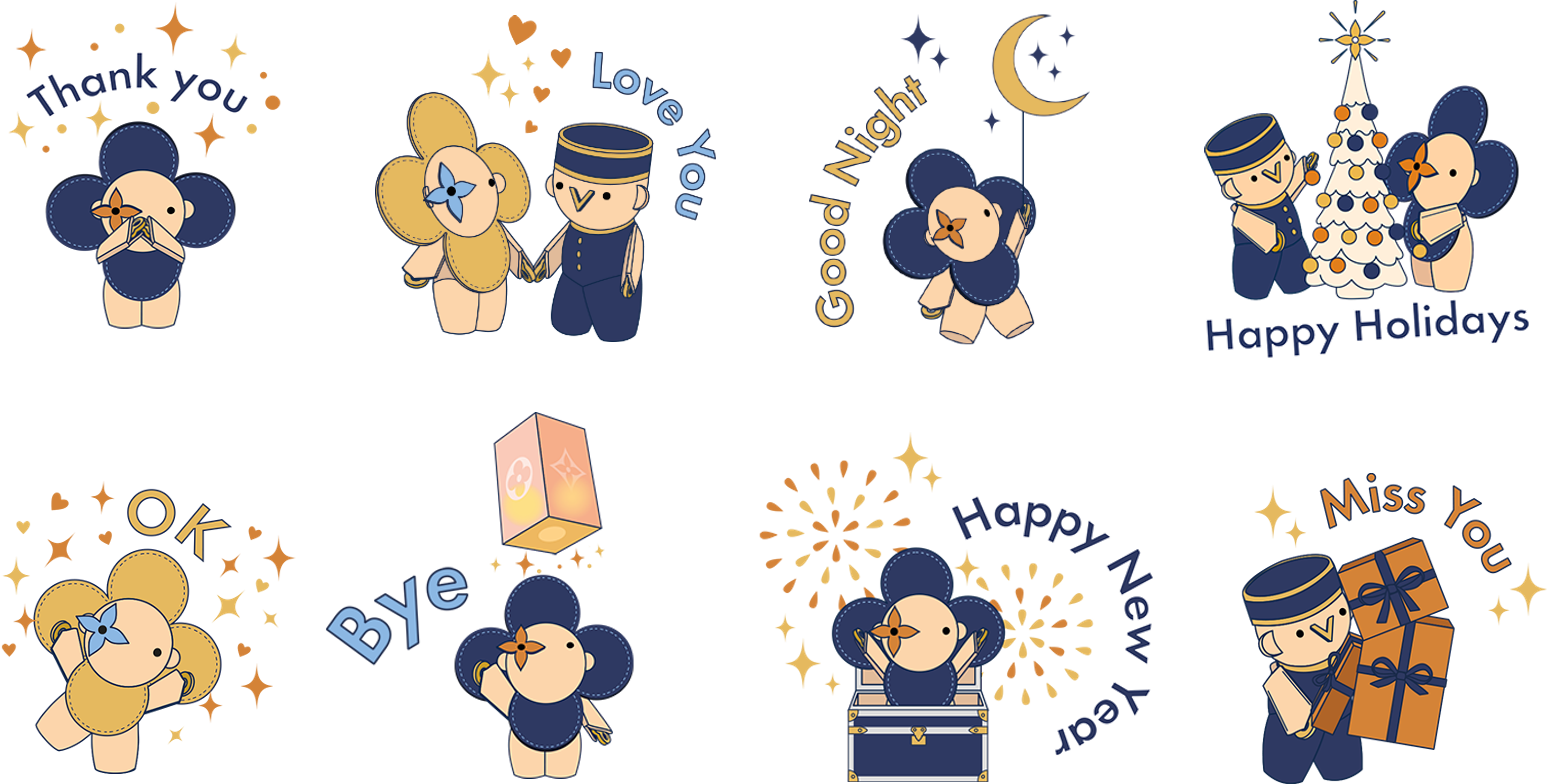 LOUIS VUITTON台灣LINE官方帳號的佳節限定貼圖共有八張。（路易威登提供）