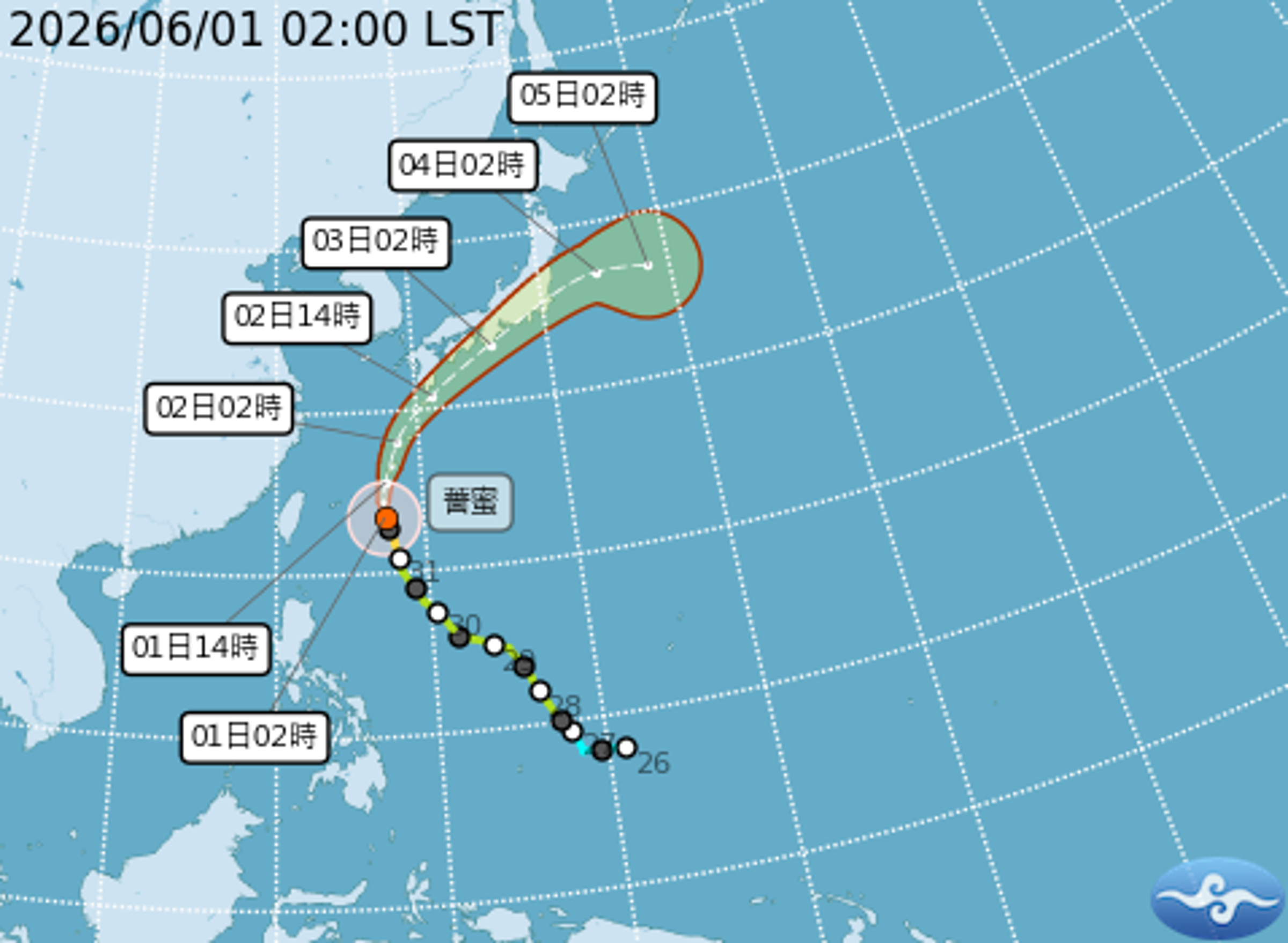 颱風「薔蜜」今日位於台灣東北方海面，雖未直接侵襲台灣，但受外圍環流影響，北部及東北部有局部短暫陣雨。（翻攝自中央氣象署官網）