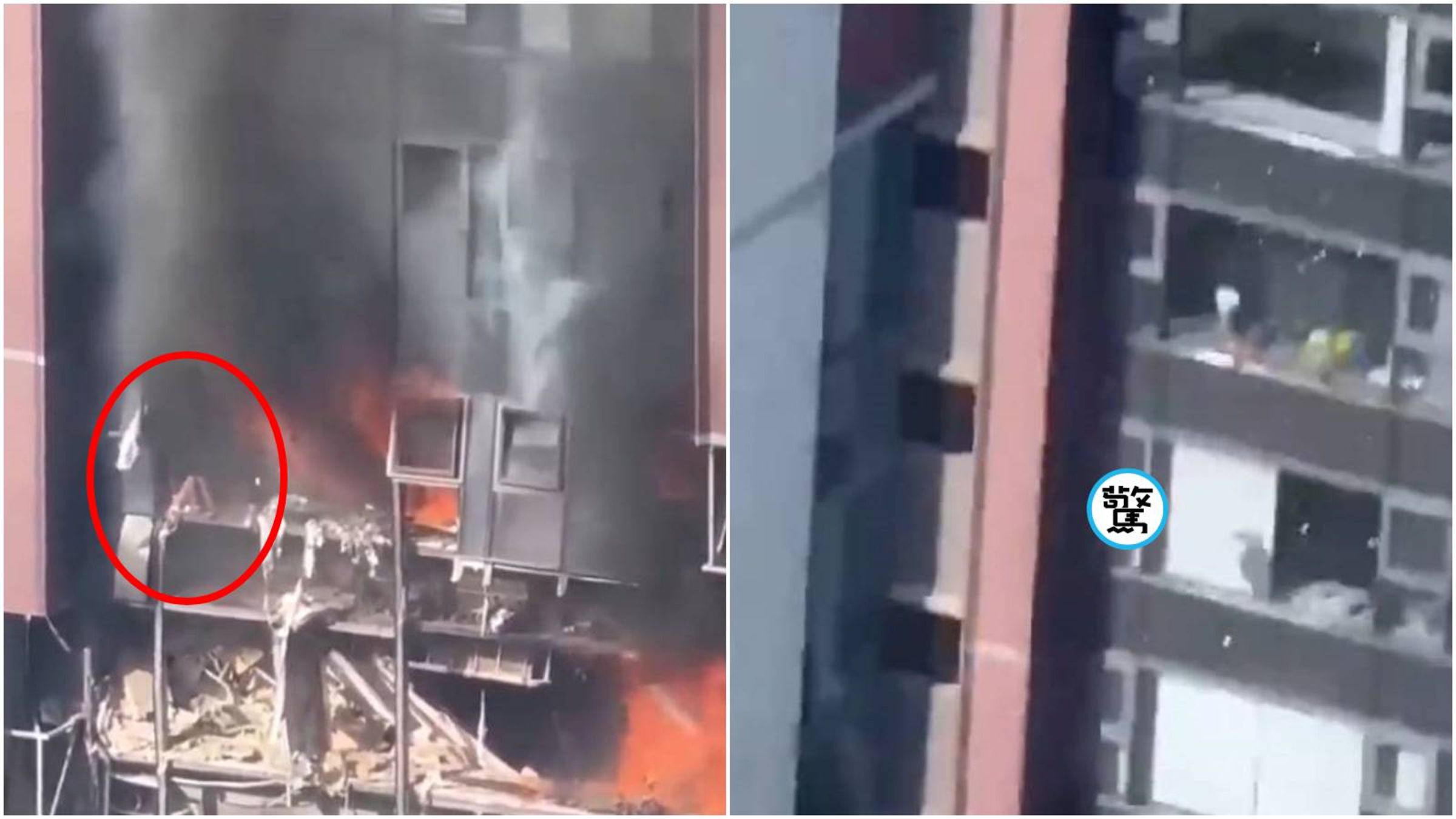 中國大樓疑氣爆起火，1名受困女子高空墜樓。（翻攝微博）