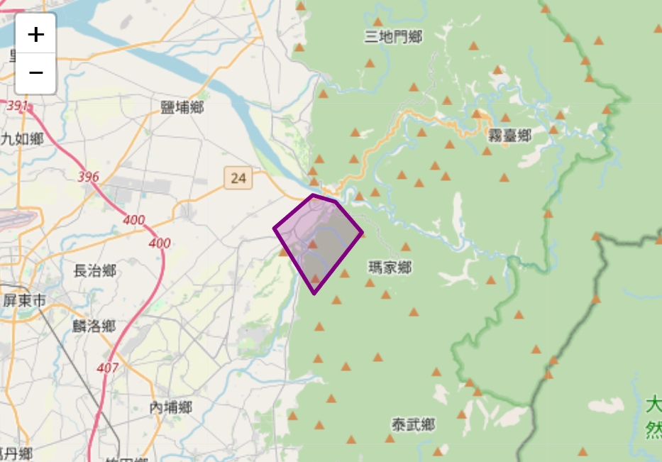 氣象署針對屏東縣部分地區，發布山區暴雨之溪水暴漲警示，指牛角灣溪發布災防告警，持續時間至下午3點47分。（中央氣象署提供）