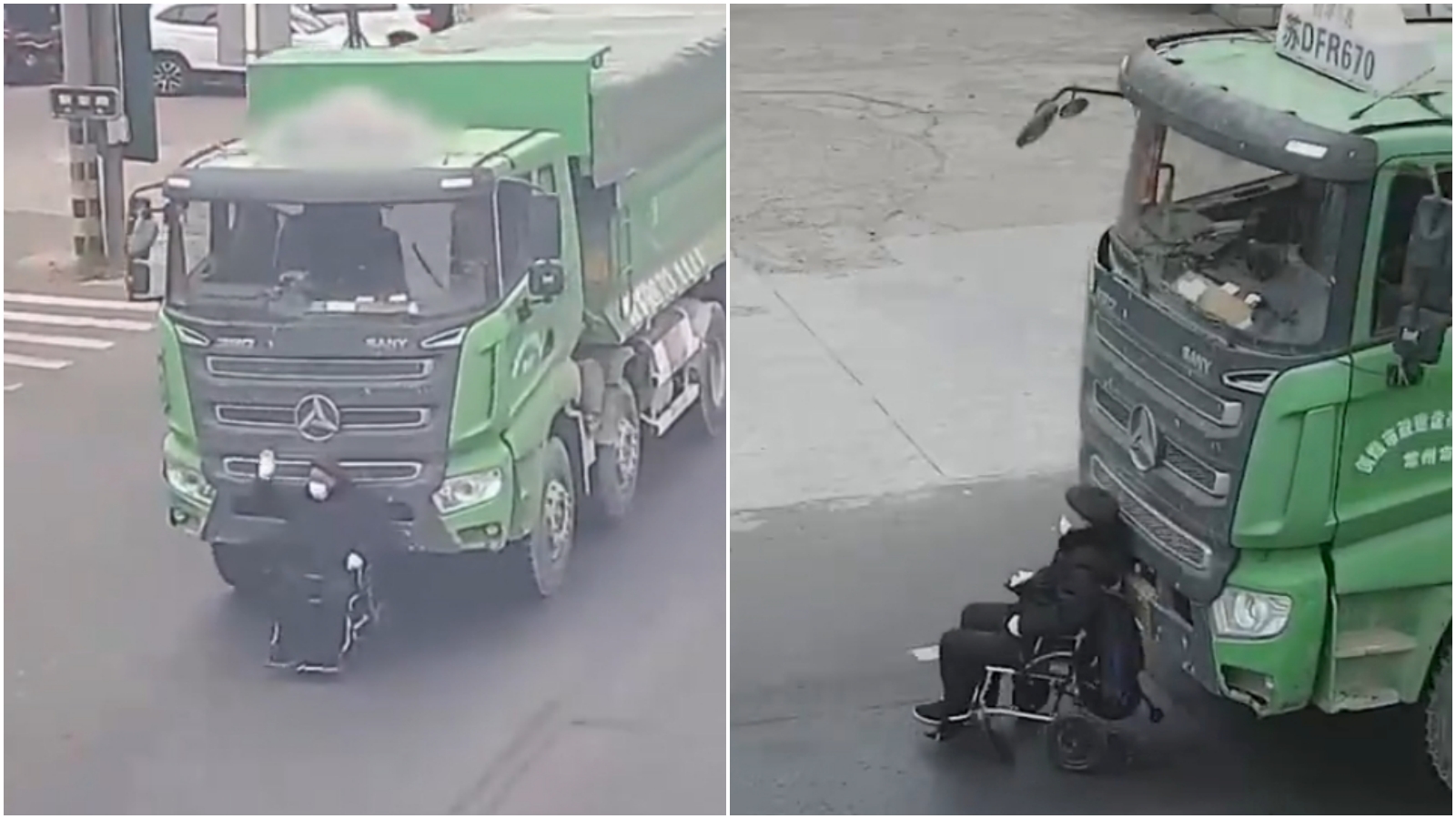 輪椅老人隻身闖入貨櫃車陣中，險些遭輾斃。（翻攝微博）