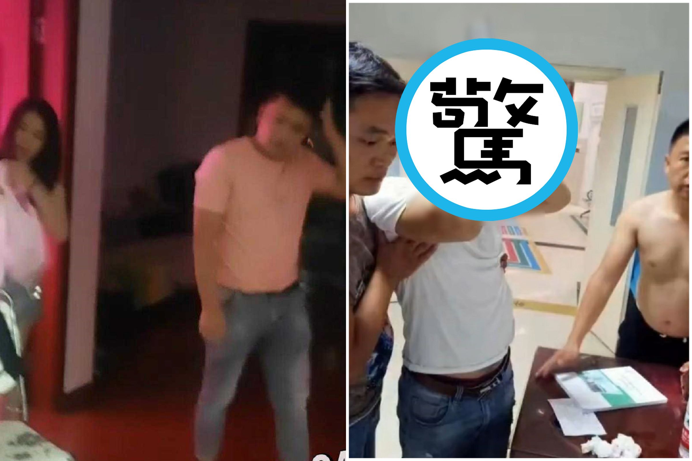 色字頭上一把刀!小王被捉姦在房,慘遭綠帽夫「頭頂插刀」。(翻自微博)