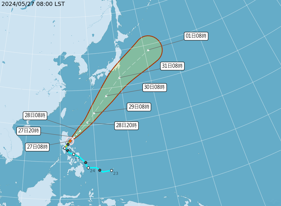 艾維尼升級中颱,以每小時14公里速度向東北進行。(氣象署提供)