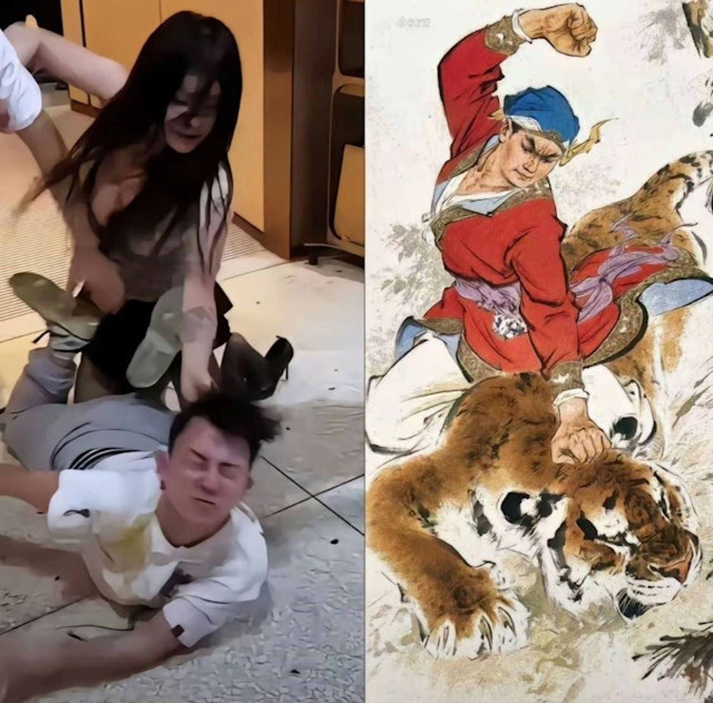 「性感奶球女」吃海底撈大戰男律師，網喻武松打虎！真實背景曝光。（翻自《香港01》）
