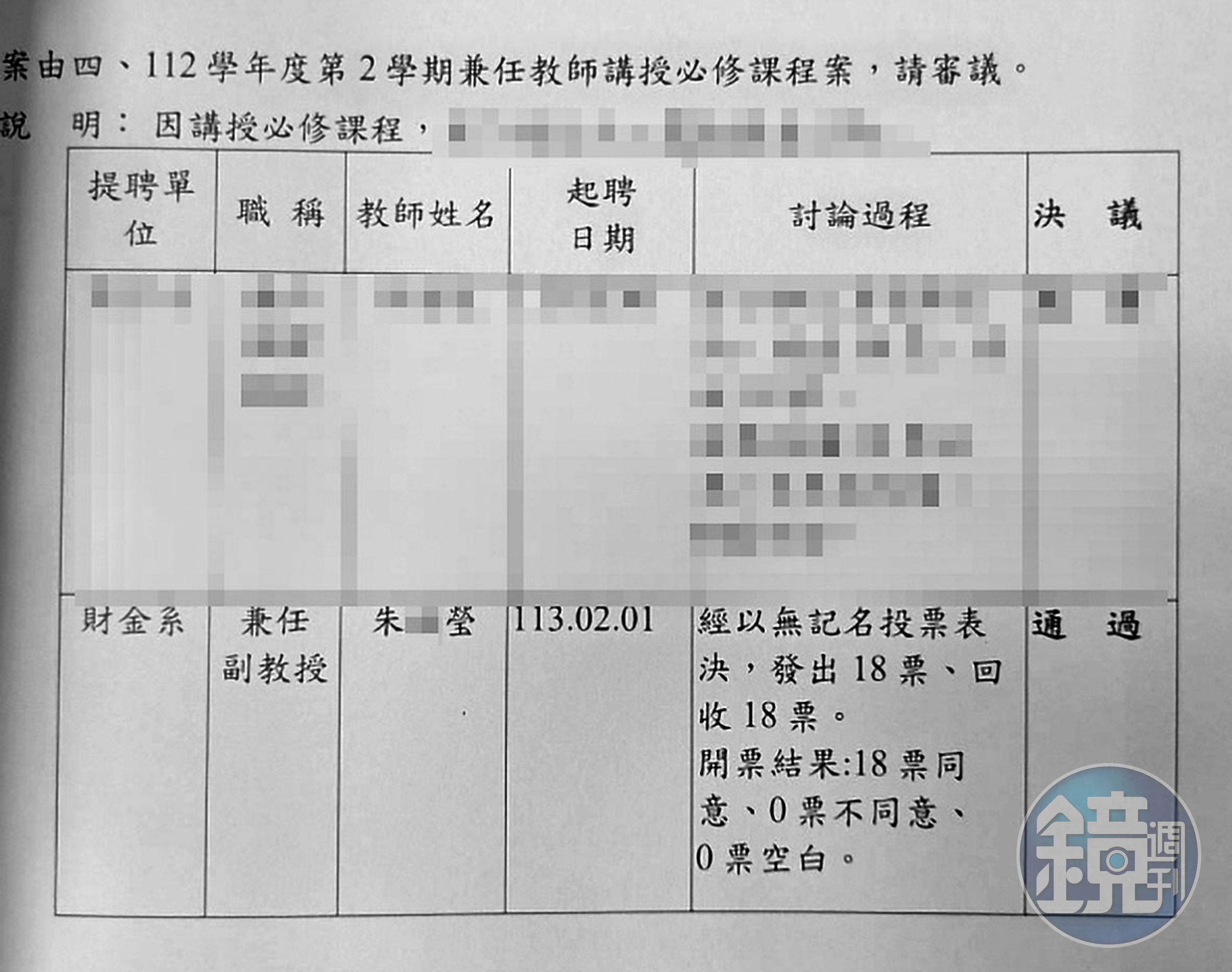 2023年12月舉行的評審會委員18人,在不知朱珊瑩身分下,全數通過朱的聘任案,葉竟也是投同意票人之一。(讀者提供)