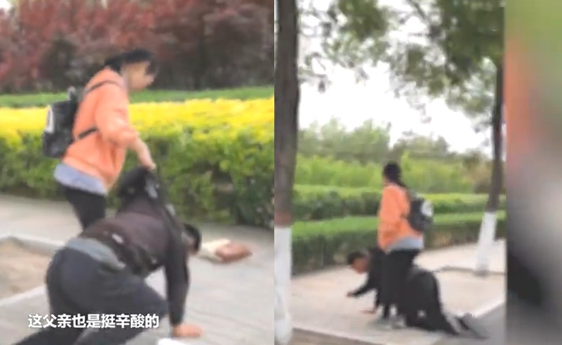 山西一名父親疑因沒錢買iPhone給女兒，竟跪地自責，女兒在一旁連忙拉他起身。（翻攝微博）