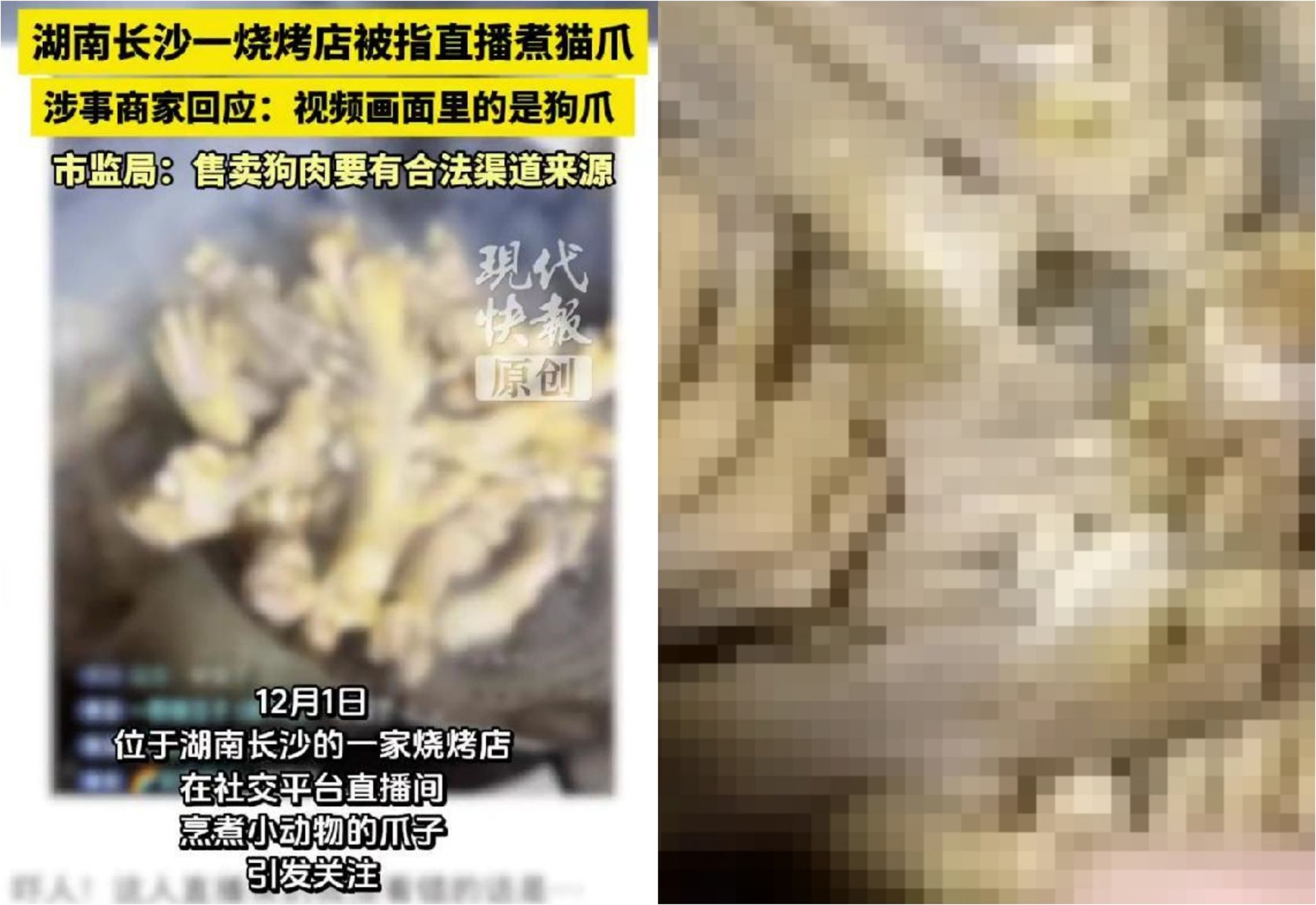 湖南長沙一家燒烤店疑似烹煮貓爪，店家澄清「是狗爪」。（翻攝自現代快報）