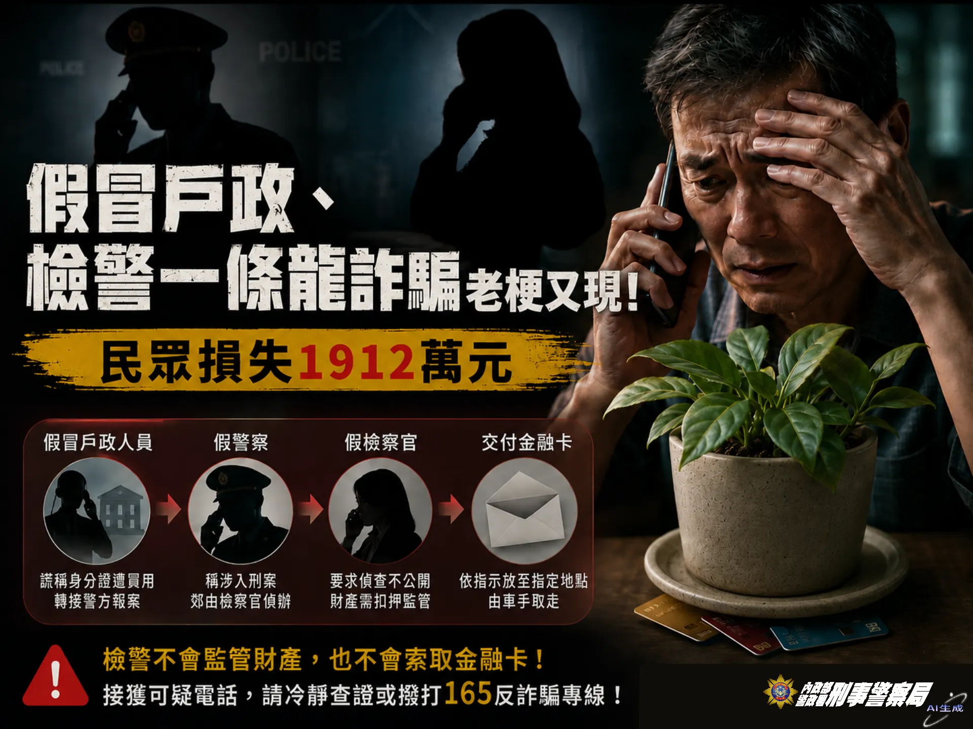 警方提醒假檢警詐騙手法再現，民眾不要受騙上當。刑事局提供