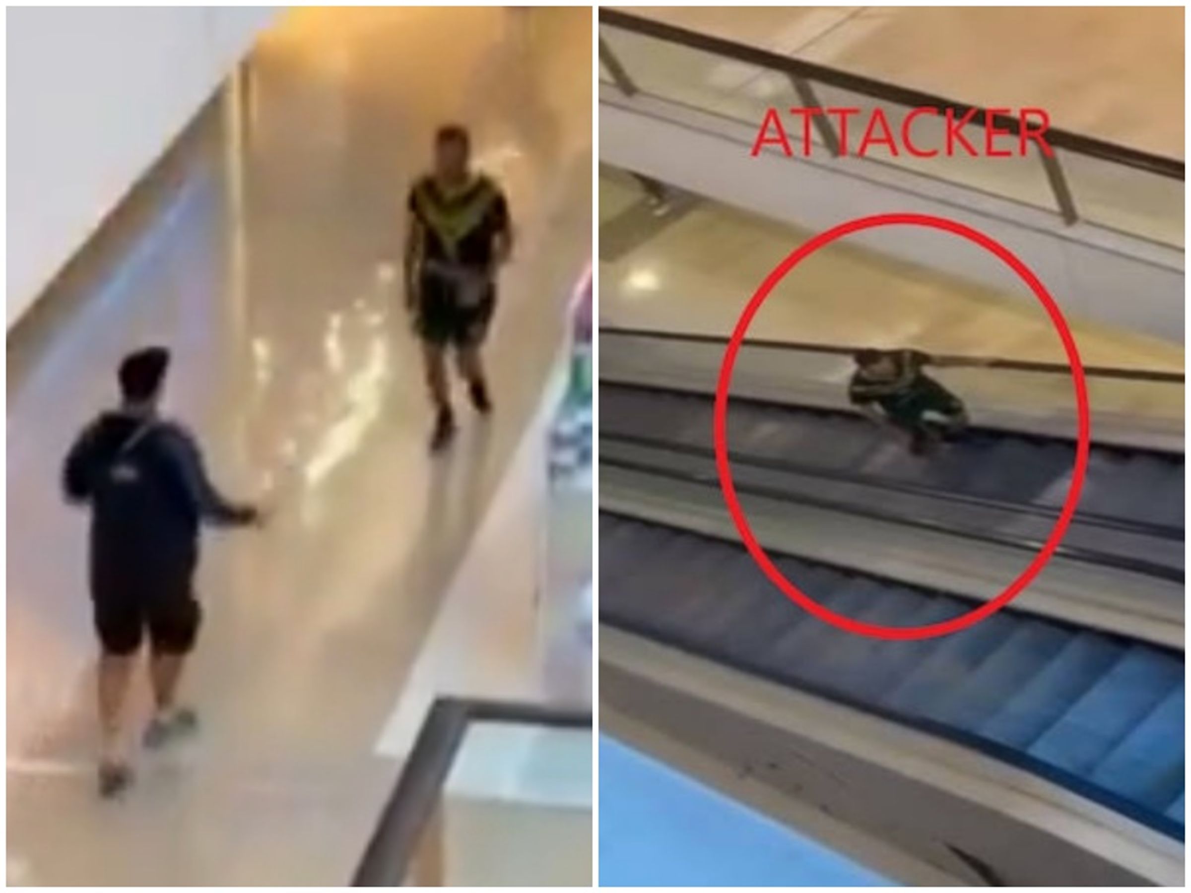 澳洲驚爆隨機砍人案,一名三寶爸不顧自身安危面對凶嫌;圖右為監視器畫面中的凶嫌,他隨身攜帶武器攻擊路人。(翻攝自X)