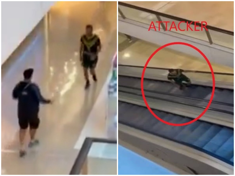 澳洲驚爆隨機砍人案，一名三寶爸不顧自身安危面對凶嫌；圖右為監視器畫面中的凶嫌，他隨身攜帶武器攻擊路人。（翻攝自Ｘ）