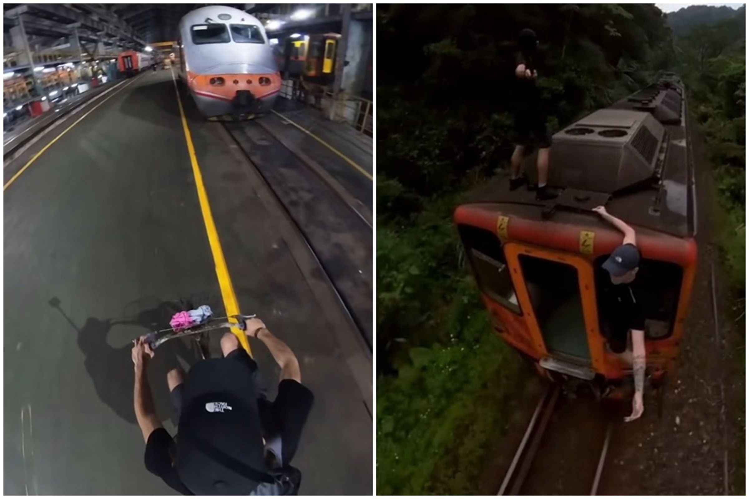 有2名外國籍網紅違法在台鐵列車上大玩極限運動,甚至還闖台鐵七堵機務段內。(翻攝自street__vision IG)