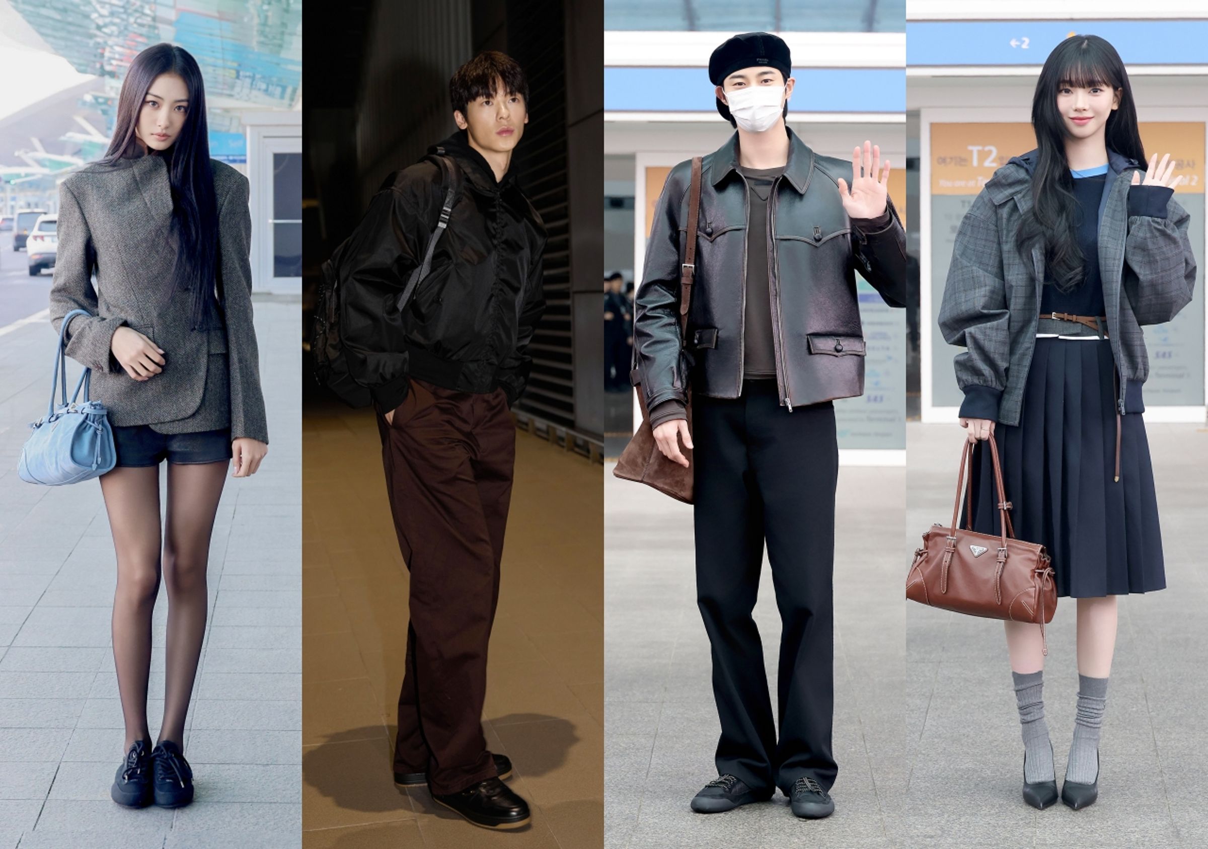 (左起)Gawon、許光漢、邊佑錫、Karina出發至米蘭看PRADA 2026秋冬男裝發表的機場穿搭。(PRADA提供)