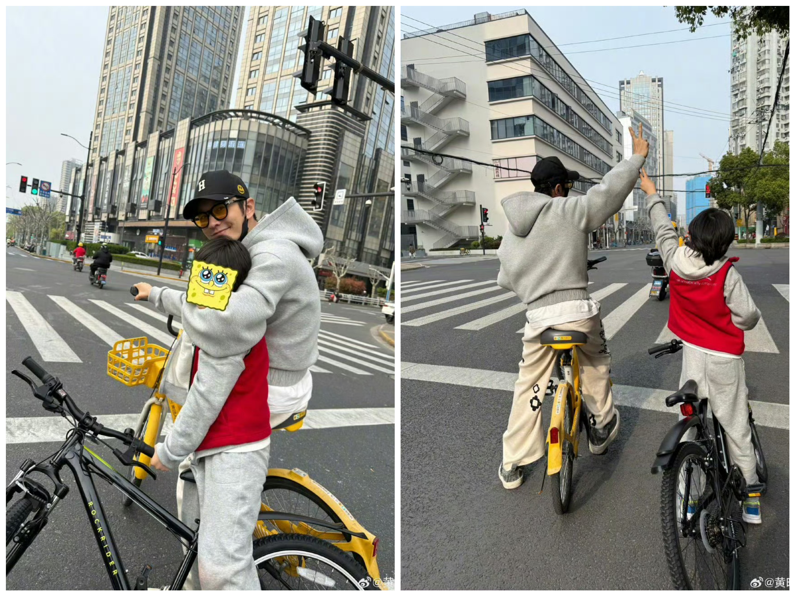 黃曉明攜兒子「小海綿」假日騎單車享天倫,沒想到接連違反道路規則,只好乖乖認罰。(黃曉明微博)