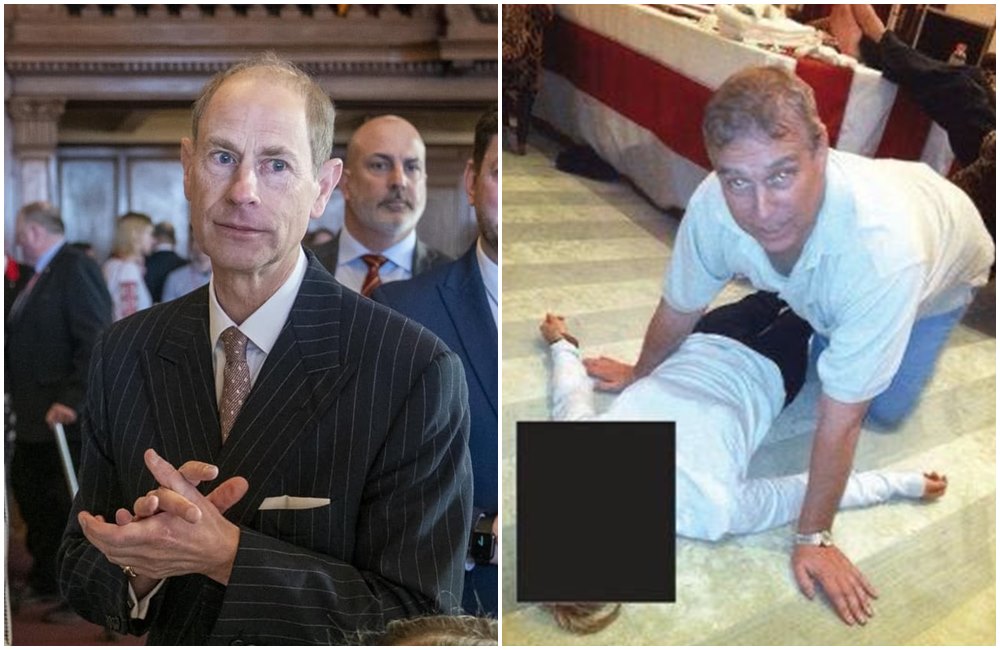 最新一批艾普斯坦檔案中，安德魯前王子（右圖）對一名女子做出不當肢體接觸。愛德華王子（左圖）罕見談論此事。（翻攝Department of Justice／The Royal Family臉書）