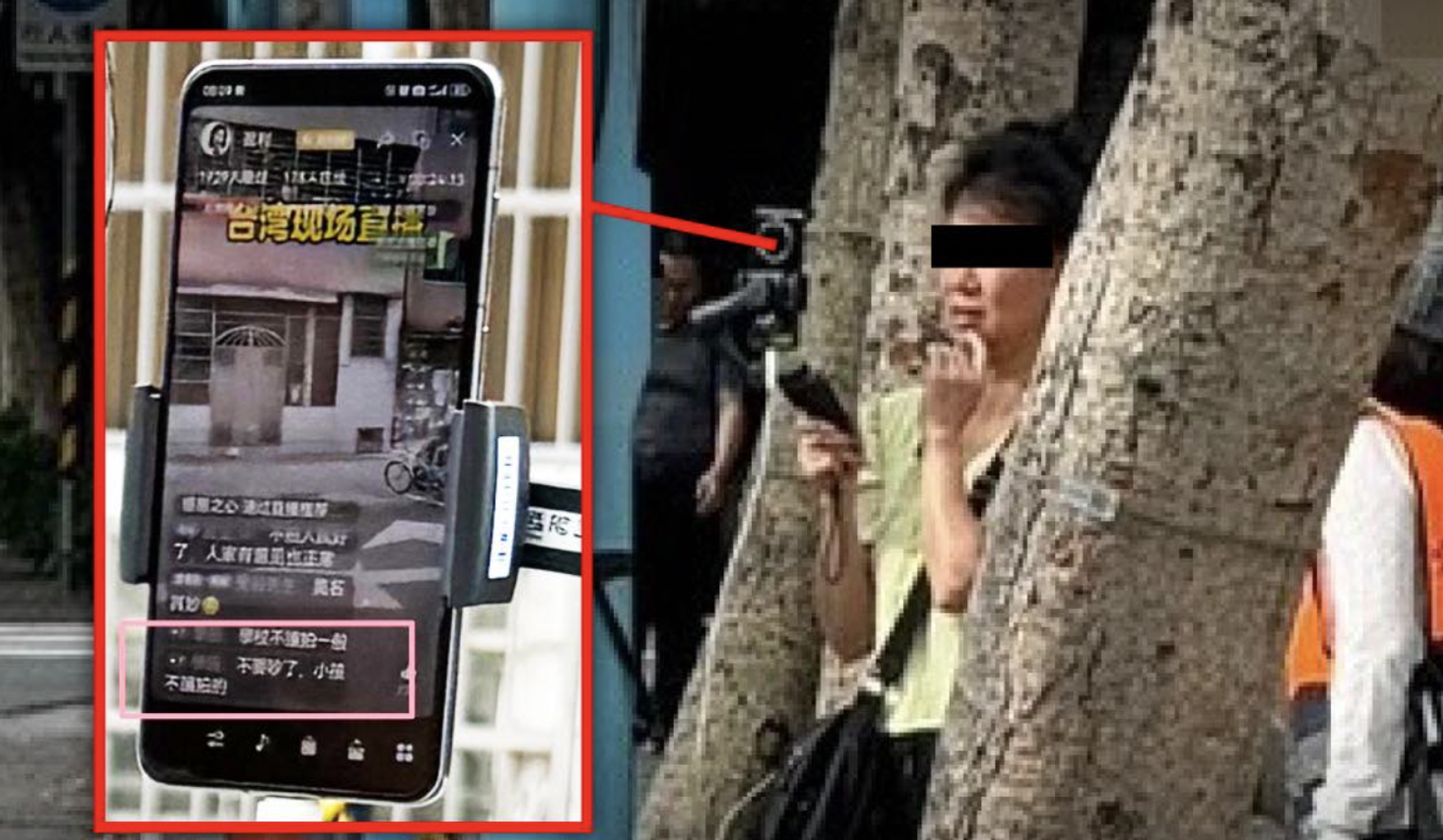 一對男女疑似是中國抖音直播主,今早現身北市民生社區,對著小學生一陣狂拍。(翻攝自許淑華臉書)