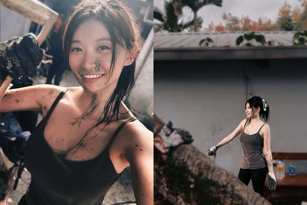 祈錦鈅與當地志工一同鏟泥搬運，弄得滿身汙泥。（翻攝自祈錦鈅IG）