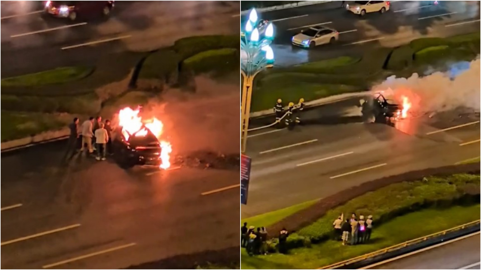 小米SU7起火後「門窗打不開」，路人拉門、狂槌都沒用。（翻攝微博）